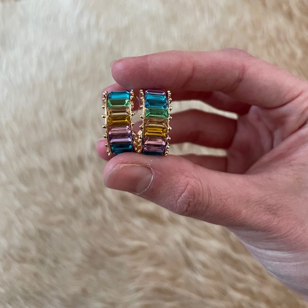 Gold and Rainbow baguette hoop earrings